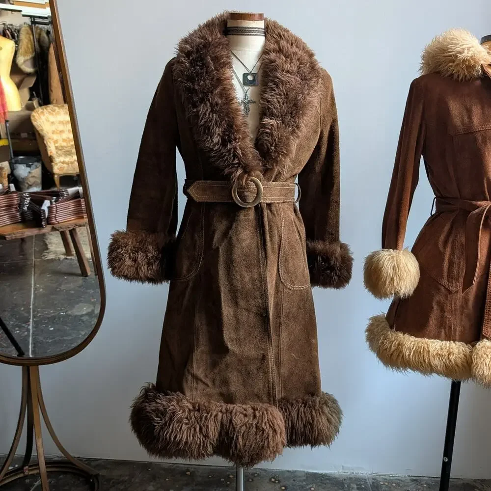 Vintage Leather Penny Lane Jacket Faux Fur Furry 70s Afghan Tapestry Trench Coat - Picture 9 of 16